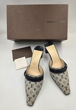 Louis Vuitton Monogram Mini Lin Canvas Black Gold Womens Mules Size EU 37 / US 7