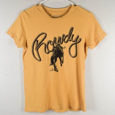 Bandit Brand Womens S Small Rowdy Tshirt Tee Bucking Horse Yellow Western Cowboy