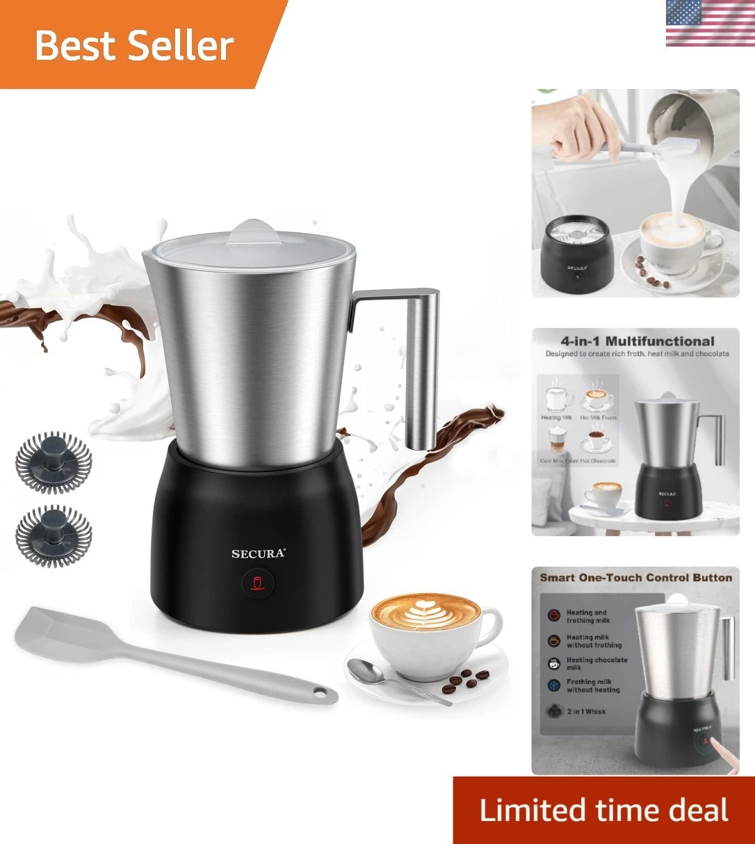 4-in-1 Electric Milk Warmer and Frother with Removable Glass Jug - Modern Design