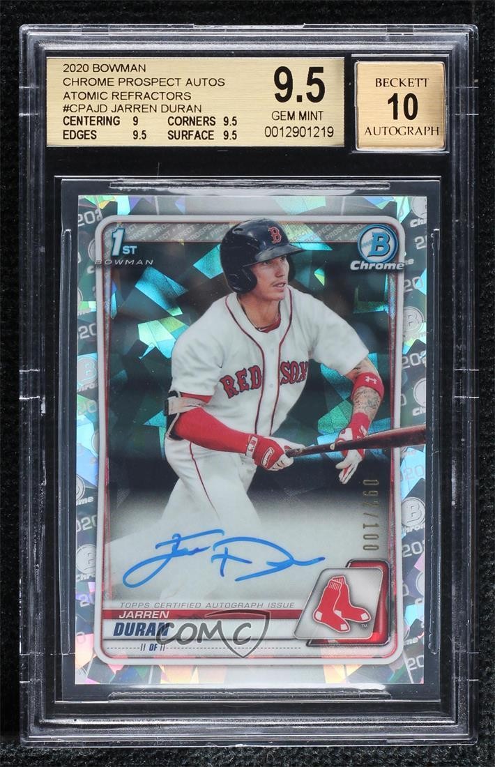 2020 Bowman Chrome Prospects Atomic Refractor /100 Jarren Duran BGS 9.5 Auto 1v3