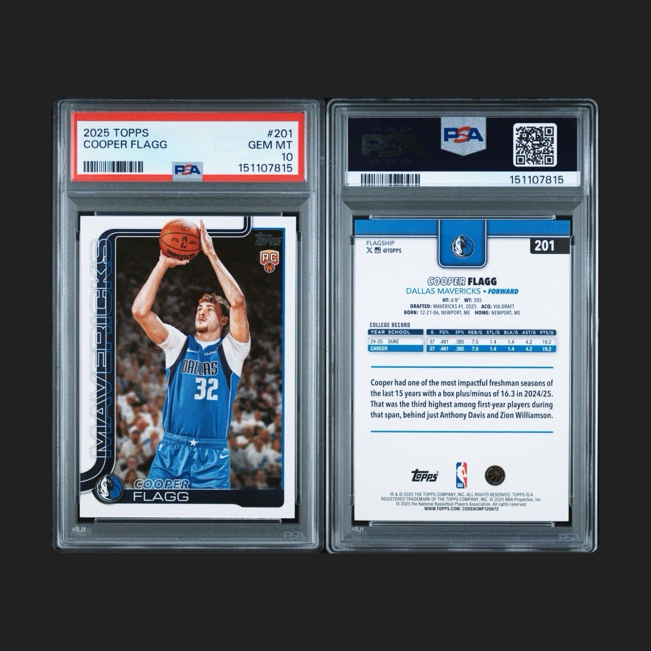 2025 Topps Cooper Flagg #201 Rookie Dallas Mavericks PSA 10 GEM MT view 3