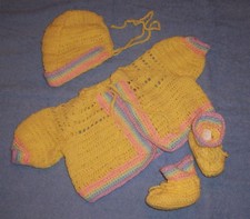 YELLOW HAND-CROCHETED HANDMADE 3-PIECE BABY SWEATER SET 0-6 mo