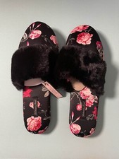 NEW Victoria's Secret Satin Slippers Black With Pink Roses. Size: L 9-10 