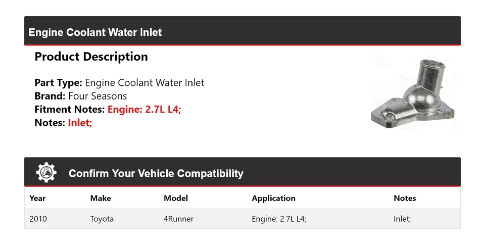 Впускное отверстие для воды охлаждающей жидкости двигателя L4 2,7 л 2010 Toyota 4Runner 4 сезона - Изображение 2 из 4