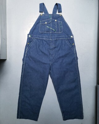 VTG KEY Blue Denim Overalls Low Back Advertising Straps Workwear
