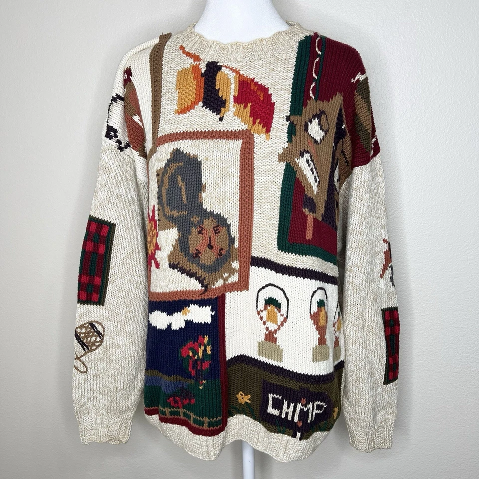 Woolrich CAMP Oatmeal 100% Cotton Handknit Autumn Camping Chunky Knit Sweater