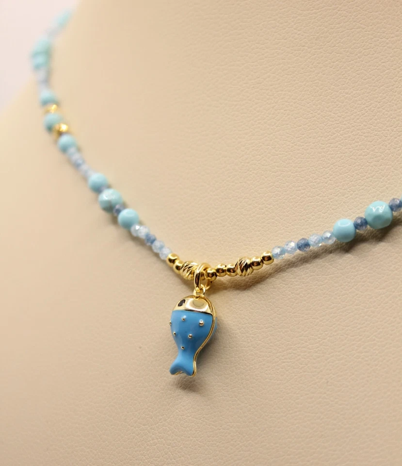 COLLANA ARGENTO DONNA TURCHESE SPINELLO EMATITE PESCIOLINIO SMALTATO CM 40-45 - Immagine 3 di 4