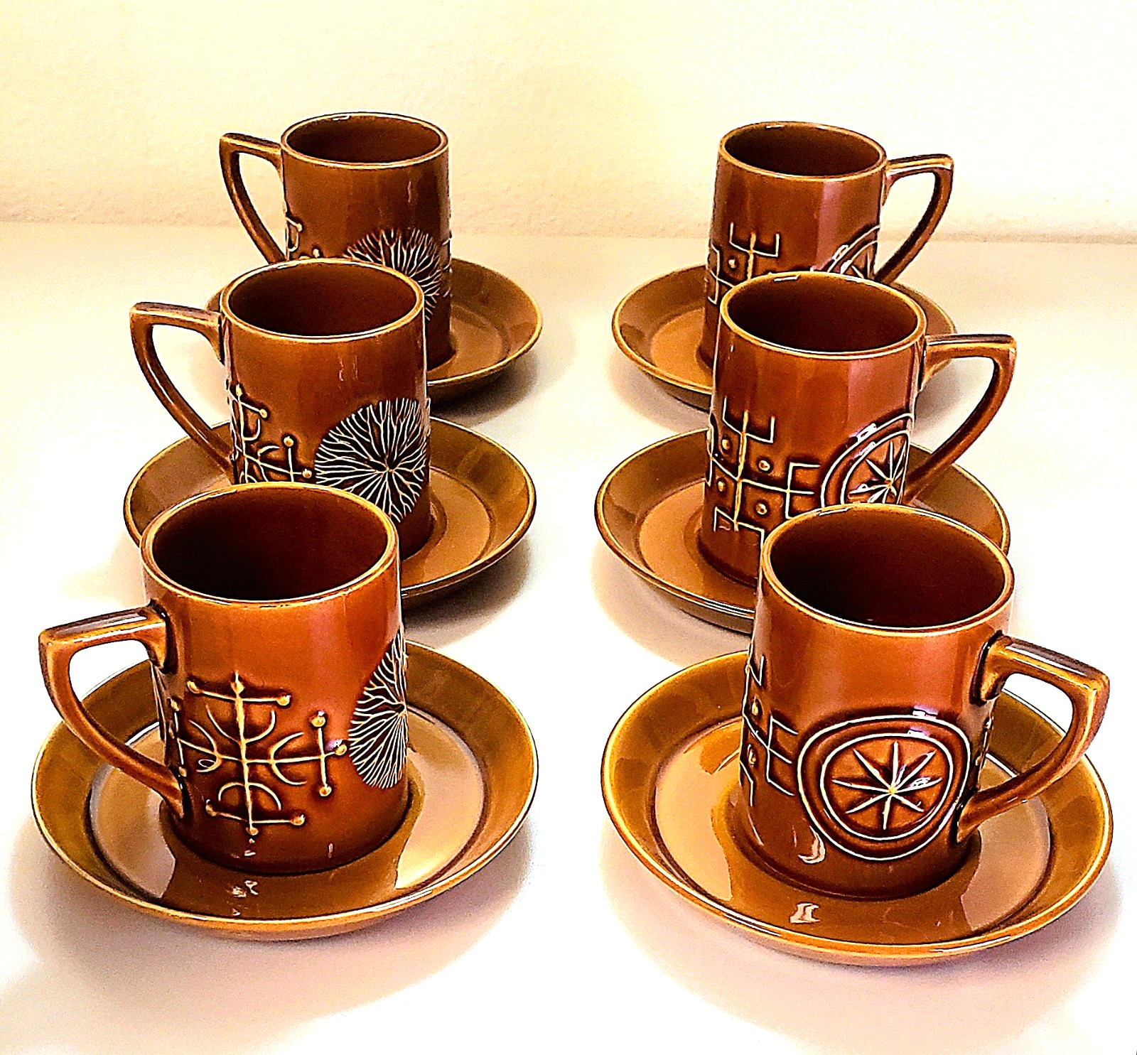 PORTMEIRION 1960s ENGLISH POTTERY by SUSAN WILLIAMS  *TOTEM*  6 Caramel CUPS