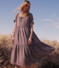 Madewell Maxi Dress Womens XS Purple Mauve Boho Puff Sleeve Tiered Relaxed