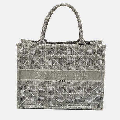 Sac fourre tout Dior gris toile brodée moyen livre