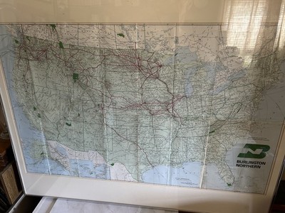 FRAMED BURLINGTON NORTHERN FOLD OUT GEOGRAPHICALLY CORRECT SYSTEM MAP 28x34 IN