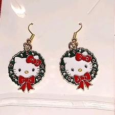 Hello Kitty Holiday Christmas Face in Wreath Gold Plated Dangle Drop Earrings