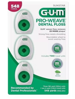 GUM Pro-Weave Dental Floss Mint Waxed 3 Count + 2 Travel Units 548 Yards Total