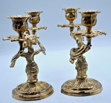Vintage Pair Italian Baroque Antiqued Solid Brass Candelabra Ornate Floral 