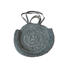 Mud Pie Black Raffia Round Tote With Top Handles & Leather Straps Beach Bag Lrg