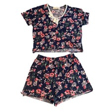 Vintage Victorias Secret Gold Label Floral Cotton Pajama Set Navy Blue Small