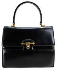 Vintage GUCCI Black Gold Smooth Leather Top Handle Tote Bag Italy Excellent!
