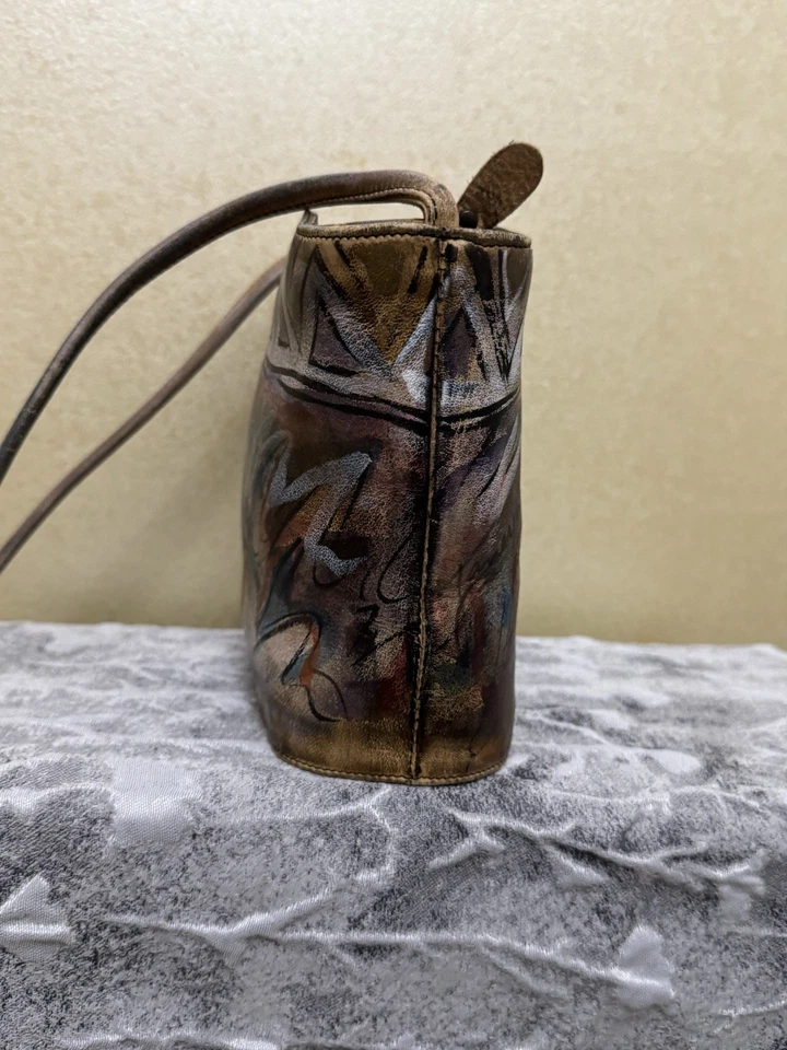 Bolso cruzado de hombro vintage firmado Jane Yoo portátil arte pintado a mano cuero hobo Foto 3 de 4