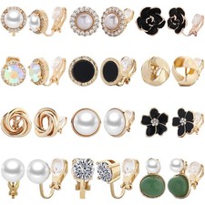 Women  s Clip-On Earrings Set 12 Pairs Crystal Pearl Non-Piercing Studs NEW