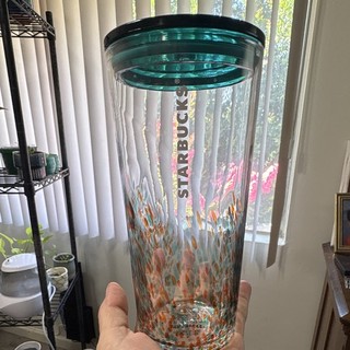 Starbucks Glass Reusable Cold Cup Tumbler 18 fl oz 532 . Dappled w Teal Lid 2022
