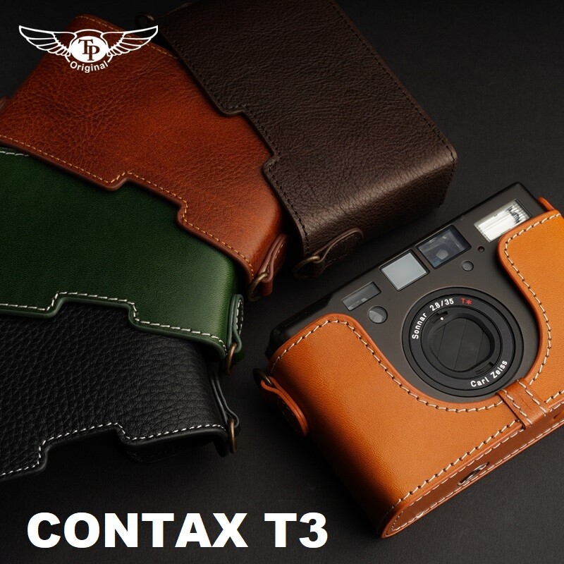 Real Leather Camera Half Case Protective Pouch + Hand Strap for