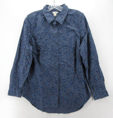 LL Bean Top Women Small Blue Button Down Shirt Abstract Tencel Roll Tab NEW