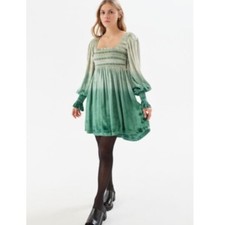 NWT Women Urban Outfitters Isobel Smocked Velvet Mini Dress Ombre Dye Smocked XS