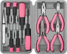 11Pc Pink Womans Hand Tool Kit Set with Pliers, Cutters & Precision Screwdrivers