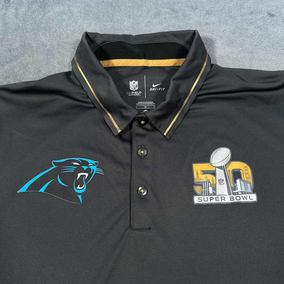 Carolina Panthers Super Bowl 50 Polo Shirt Mens Large Black