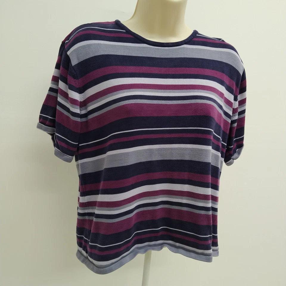 Blusa feminina Kasper listra azul roxa manga curta gola redonda feminina tamanho 16 - Imagem 2 de 4