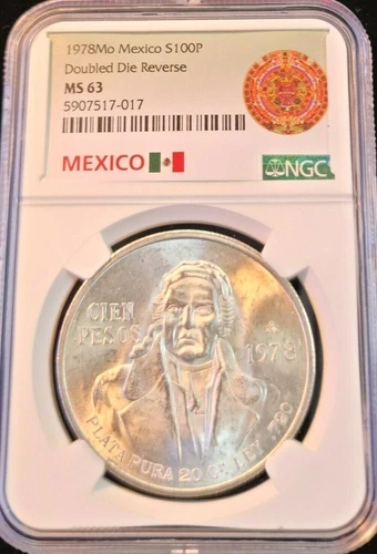 1978 MEXICO SILVER 100 PESOS S100P DOUBLED DIE REVERSE NGC MS 63 SCARCE VARIETY