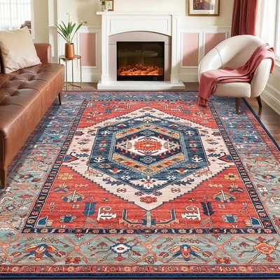 SERISSA Washable Rugs 8x10 Area Rugs, Large Non-Slip Boho Living Room Rust Rug,