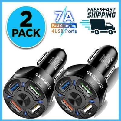 2 Pack 4 Port Car Charger Adapter Fast Charging Plug for Android iPhone