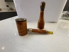 VINTAGE WOODEN TOBACCO PIPE PORTABLE TRAVEL BOTTLE SHAPE CASE METAL AMBER