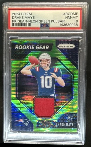 2024 Prizm Drake Maye Rookie Gear RC Jersey Neon Green Pulsar #RG-DME PSA 8