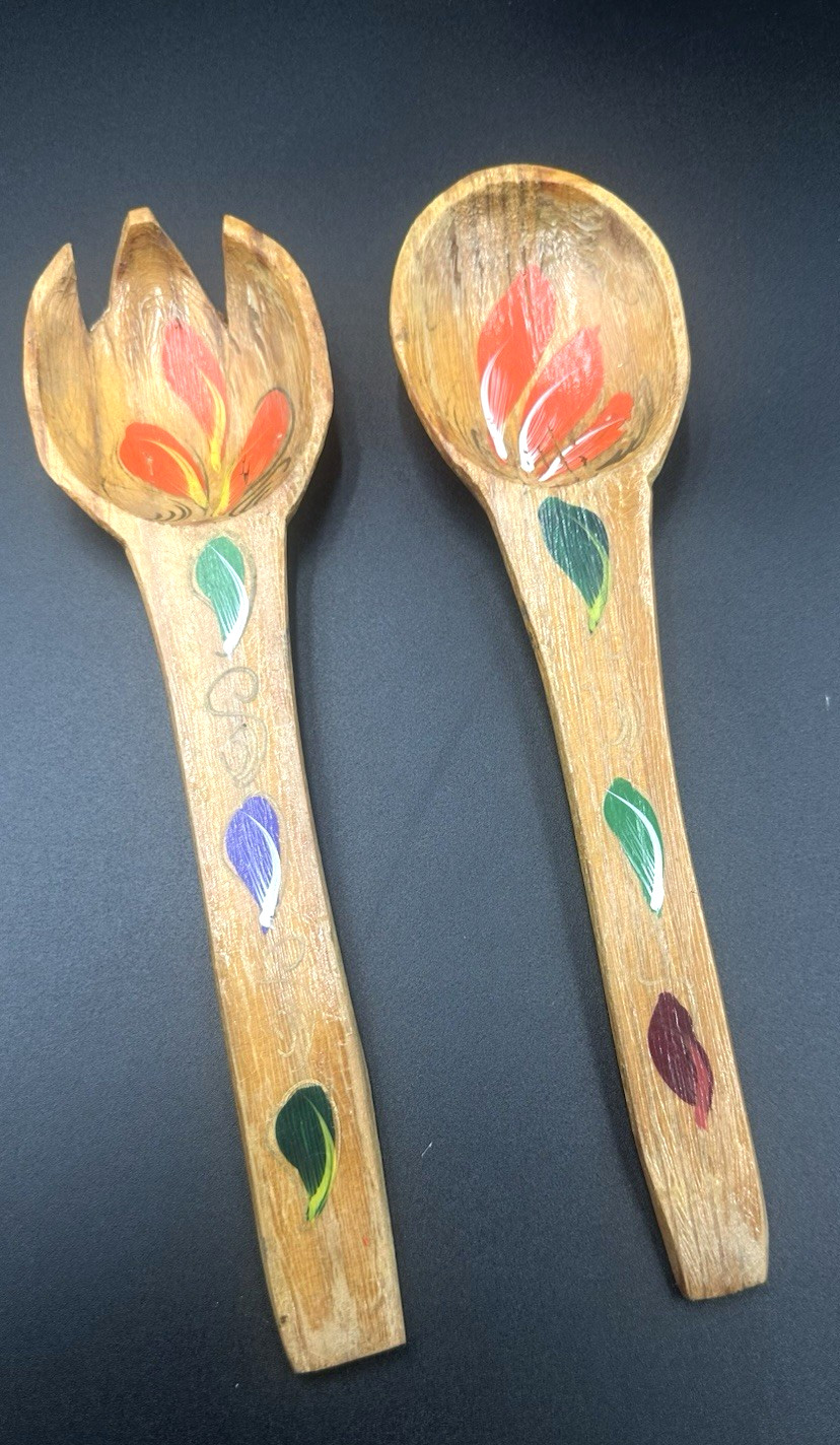 Vintage Hand Painted Salad Fork & Spoon Server Set 10"