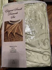 Damask Scroll Tablecloth 6 Napkins Set Polyester Mint Green 70 Round