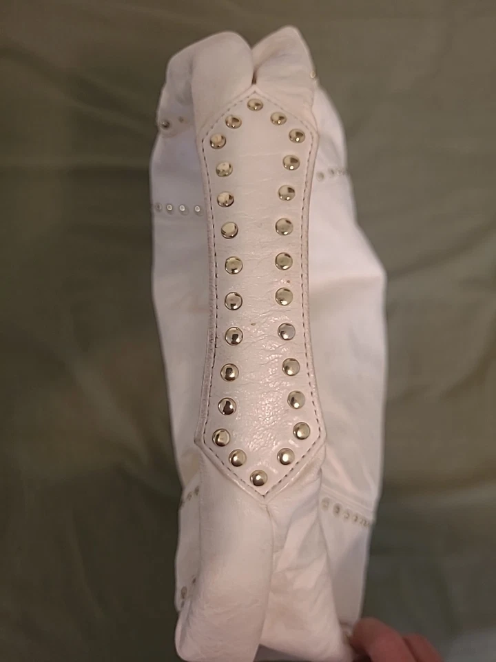 AUTHENTIC KOOBA Cream LEATHER MEDIUM GOLD BRASS STUDS SHOULDER BAG PURSE - Image 3 of 4