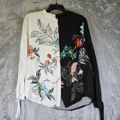 Iconic Blouse Womens L Black White Floral Mandarin Color Endless Summer