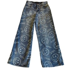 Truce Smiley Face Print Wide Leg Street Style Blue Jeans Size 16 Juniors