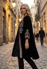 Johnny Was XL Long Black Velvet Kimono Wrap Jacket Duster Embroidered 595 Ret