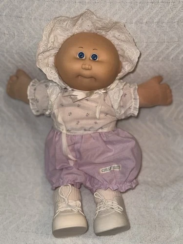 VTG Cabbage Patch Preemie Baby Doll Blue Eyes Purple Outfit Bonnet Shoes Socks