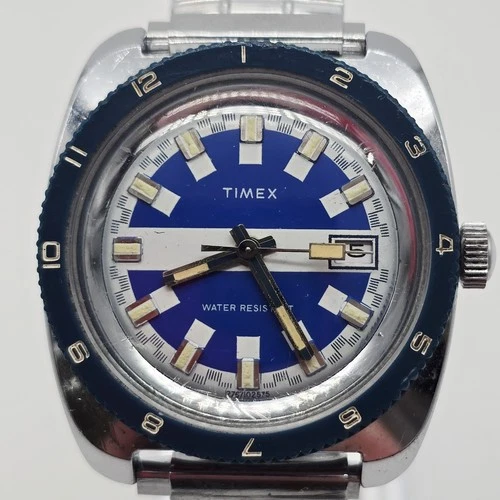 Vintage Timex Marlin Dive Watch Style 1975 Model with Rare Blue Dial And Bezel