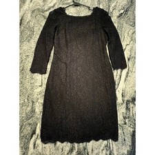 Adrianna Papell Black Lace Sheath Dress Exposed Back Zip 3/4 Sleeve