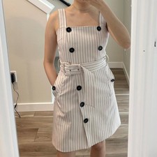 White and black striped mini dress with adjustable straps and belt, Size S
