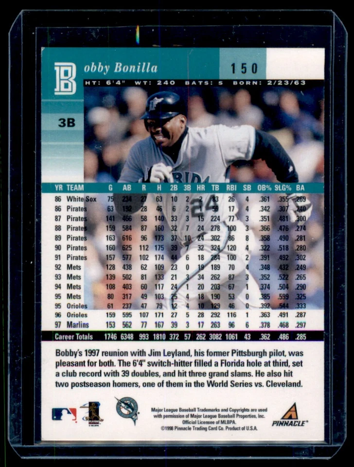 1998 Pinnacle Plus Bobby Bonilla Minor Scratches Marlins #150 1120 - Image 2 of 2