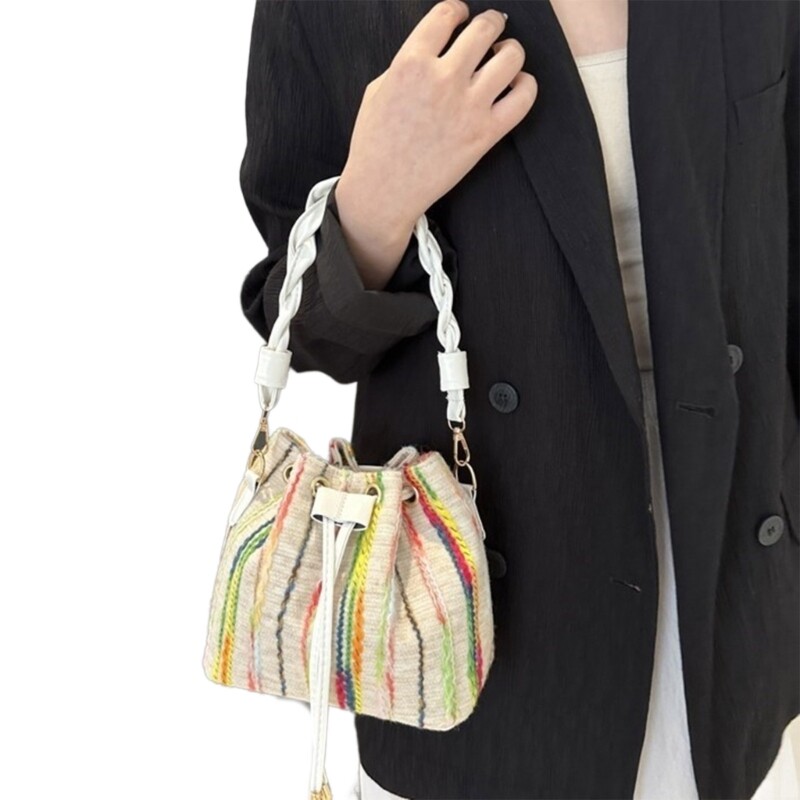 Women Crossbody Bag Drawstring Shoulder Bag Stripe Print Bucket