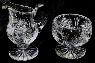 Lausitzer LA23 Germany CUT GLASS Sugar Bowl & Creamer Set  Pinwheel, Stars, Fans