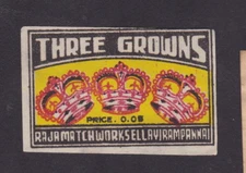 Ancienne étiquette allumettes Inde BN47127 Trois Couronnes 