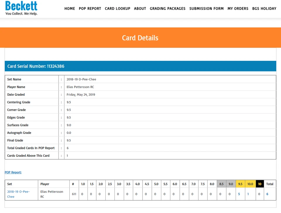 Elias Pettersson RC BGS 9.5: 2018-19 O-Pee-Chee Rookie Card Gisto #611 - Image 4 of 4